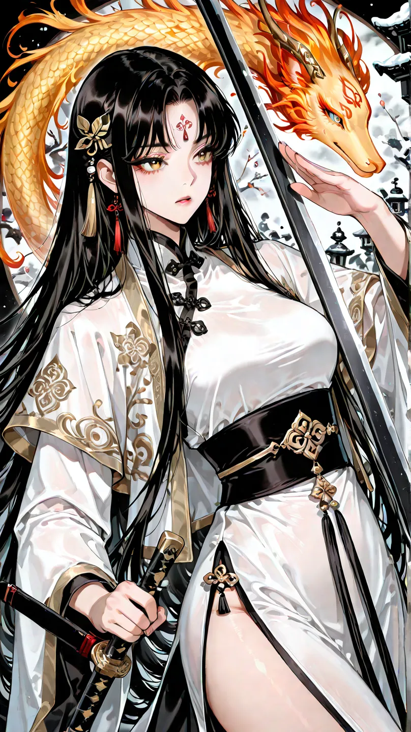 (masterpiece:1.3),(best quality:1.3),traditional Chinese ink painting style,1girl,imperial aura posture,jet black waist-length hair,(delicate phoenix eyes:1.2),pearl-like complexion,looking into distance,hanfu with golden embroidery,snow leopard fur capele...