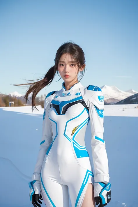 1 girl, Lovely, Ice and Snow World, alone, skinny, wind, Mecha suit, whole body, pretty face, Decorated with intricate patterns and delicate lines, Mecha suit