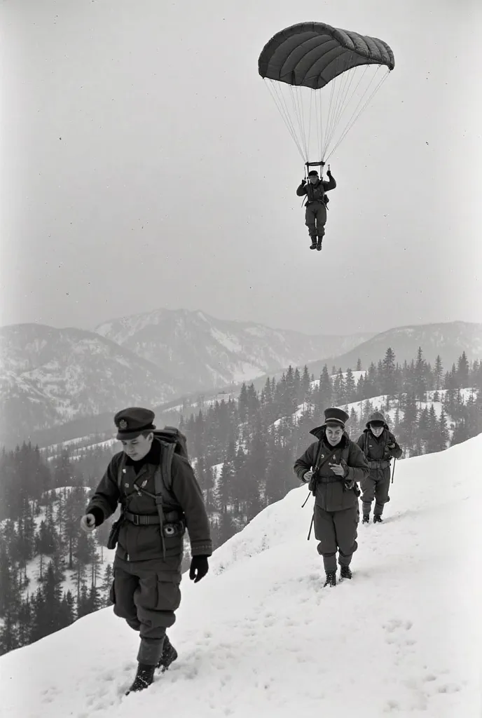 Members of the Yeongdo paratroopers in their 20s and wearing North Korean People's Army uniforms during the 1950 Korean War while parachuting over the snow-covered Gaema Plateau in North Korea during the 6•25 war