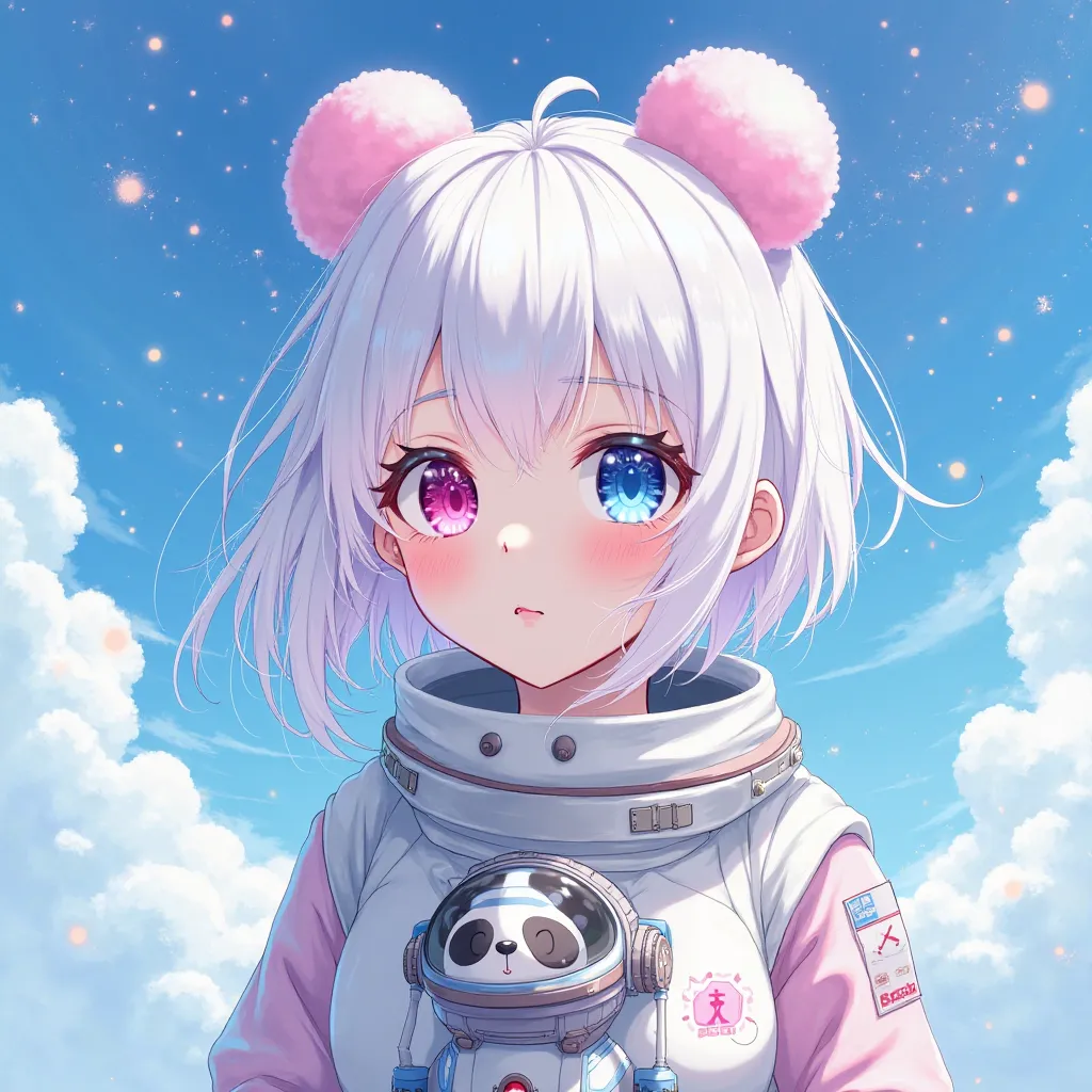 anime astronaut girl with (((two differnet eyes colours left eye is pink while right eye is blue))) ,her hair is white while underlinesit's is pink, hairs are in a sky with panda and a panda toys, splash art anime loli, anime floating walking on sky , anim...