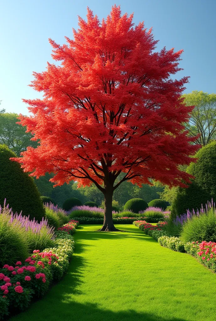 A beautiful scene of a garden with a tall tree that has vibrant red leaves. The tree is positioned further in the background, with the garden's lush greenery surrounding it. The view captures the peaceful and serene atmosphere of the garden, with colorful ...