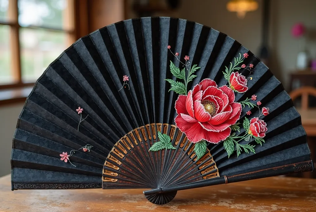  fans  (Half round  ),  Mr.々な色やMr.式の扇子を示す :  Elegant stack of black ,  fans with flower embroidery or lace decoration.