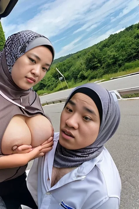 1girl, 1boy, Innocence look Malaysian Malay woman aged 30, wearing colored pattern (hijab), underwear, cleavage, undressed, stripped down, getting her shirt lifted and caressed by a ((Caucasian:1.7)) man wearing police sheriff highway patrol uniform, by a ...