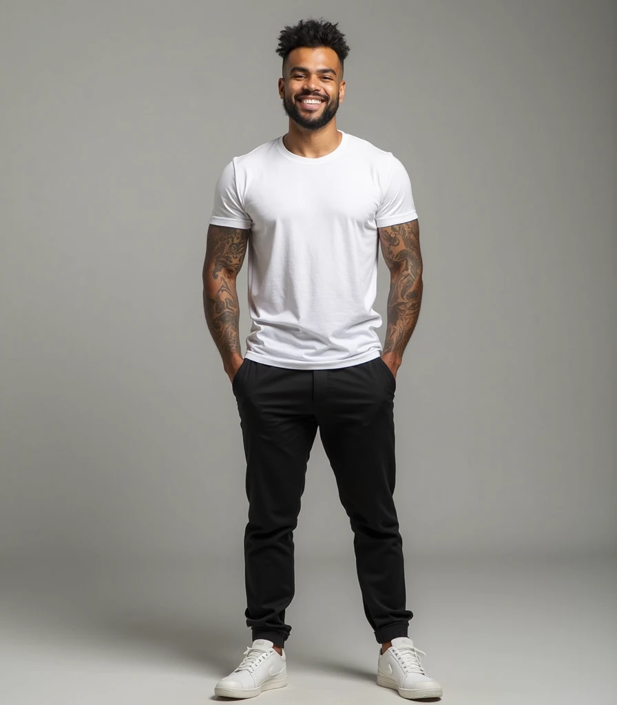 mulatto man, 25 years old, realistic, standing straight and posing in front of the camera. he stands there like he's having a photo shoot. he smiles. he is a little pumped up and has tattoos on his arms. I need a full-length photo of a man where his legs a...