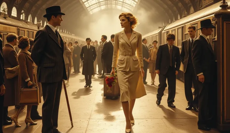 A cinematic scene set on a bustling 1930s Parisian train station platform where a stunning blonde woman and a handsome gentleman move toward each other through a crowd of travelers. The atmosphere is filled with warm golden and amber tones, creating an ele...