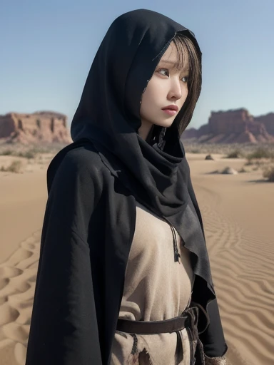 tattered cloak, wrapped from head, walking in desert, full body, from front, post-apocalyptic, ((masterpiece)), ((best quality)), (ultra-detailed), ((beautiful eyes)), Japanese female, (slender:1.3), ((30 years old)), beautiful,