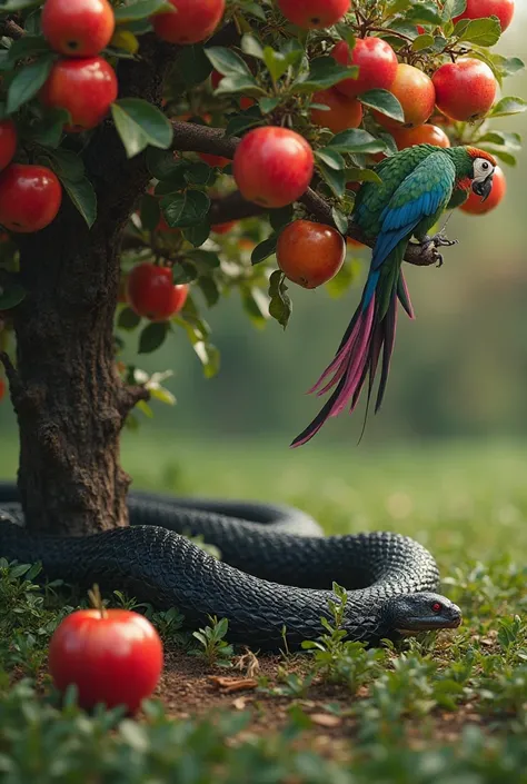 
A sly black snake with glossy, scaly skin is writhing in pain as it slithers away rapidly into the dense undergrowth. Its body twists and coils, its mouth slightly open, revealing its sharp fangs as it hisses in frustration. Near the base of a giant apple...