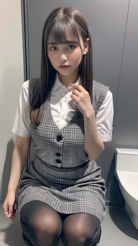 (( OL)), (((  gray plaid vest,   black skirt, black tights)))、((( long brown hair:1.2, bangs:1.2)))、(((crouching on the floor))),  (((Round face,  thin legs)))、(((expressionless, disrespectful eyes :1.3)))、   Japanese 、(((Big Cheeks:1.3)))、((  cute face))、...