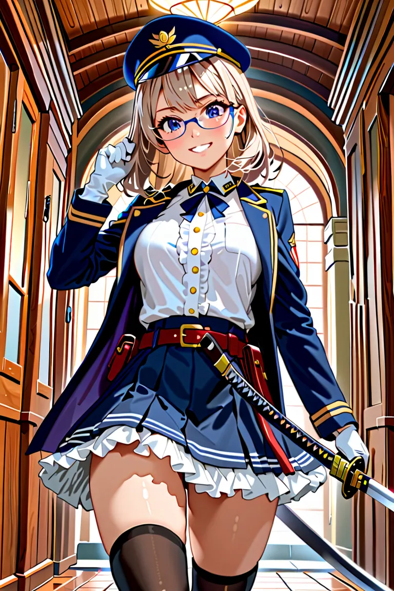 (from below:1.2, best quality ), girl , Platinum color hair military uniform , The dreamer wants purplish blue eyes ,(small breasts:1.0), Lori will do it, (masterpiece:1.2, best quality ), (Beautiful detailed depiction : 1.2), ( beautiful detailed face ), ...