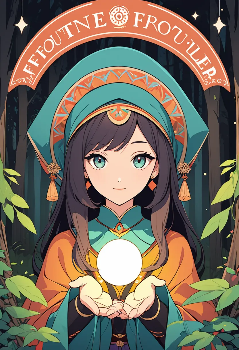 cover page,A female fortune teller who lives in the woods, flat design,  vector illustration 