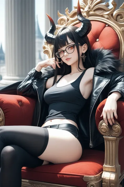 A girl that is 19 years old one of her eyes is demon orange eye the other eye is closed the girl also has a black long hair and she is wearing black tank top  and jacket a leather black one and also you can see a black backround she is also wearing glasses...