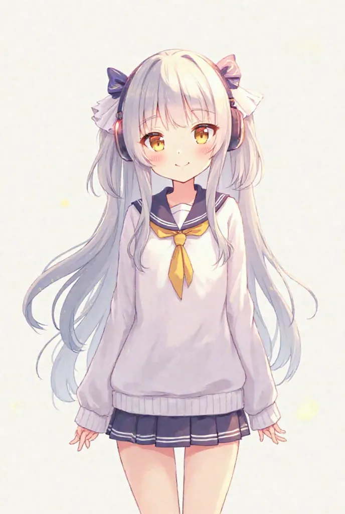 Grey-haired girl in anime style frontal miniskirt with golden eyes smiles,long hair, bangs,  standing picture, ribbonsヘアアクセサリー, ribbons, Earphones, 