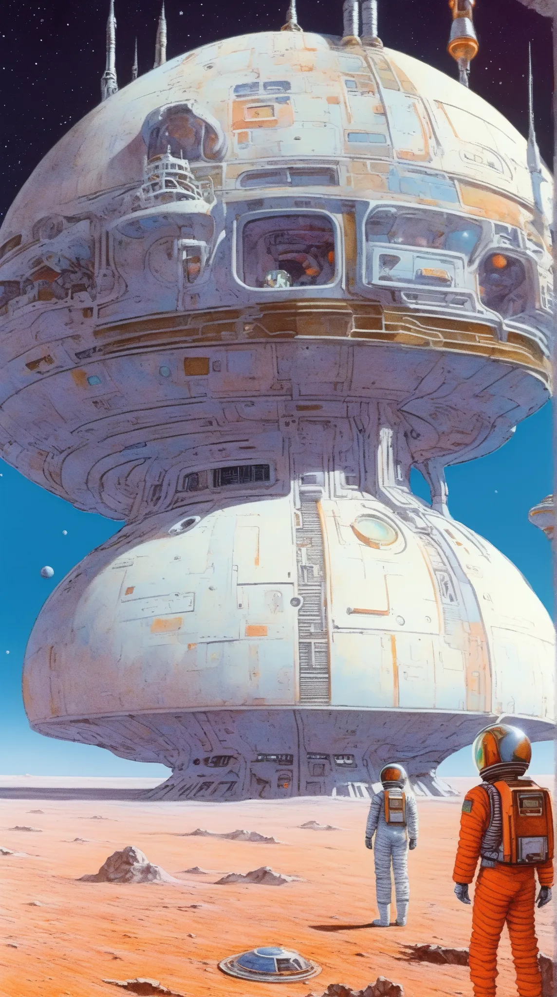 Moebius (Jean Giraud) Style - A picture by Jean Giraud Moebius, Space Station, Science fiction illustrations, Retro-future. Sci-fi illustrations , Impressive retro-future Space Station, galaxy, Distant nebulae, Package art, like Thunderbirds, Picture story...