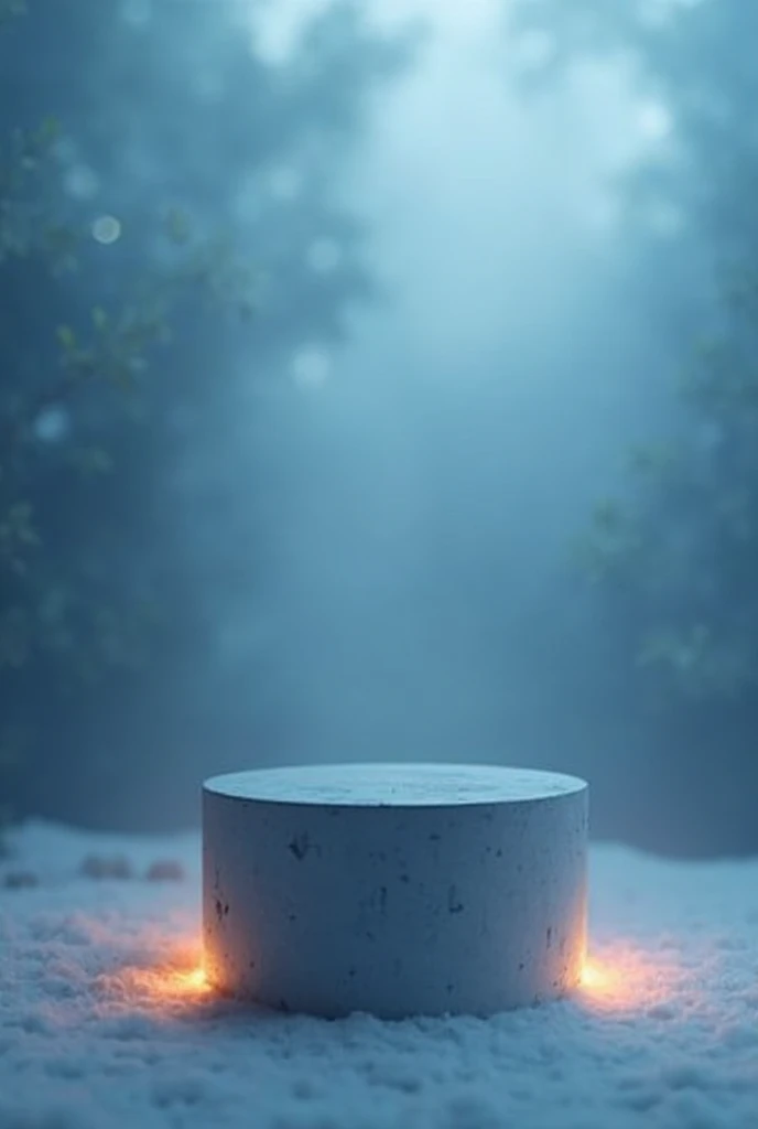 Gray podium with lights in the lower corner, blurred blue background in blue light