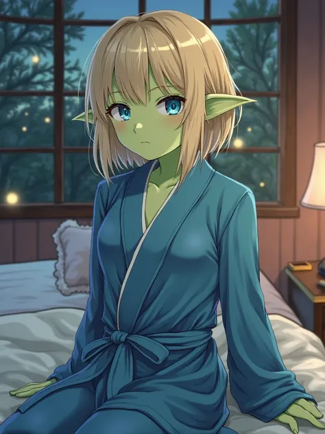 ((masterpiece)), 1 girl, goblin girl, colored skin green, high resolution, short hair,  green leather,  sharp ears, blue eyes, blonde hair, wearing a blue silk bathrobe, room with a bed, aesthetically pleasing, high resolution, High detail, anime, soft lig...