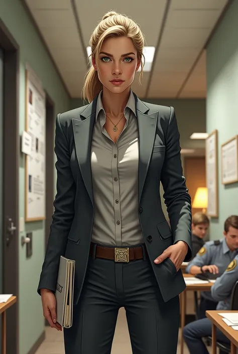 Real life Style image of attractive Detective Laura Kilbourne, a sharp-eyed woman in her late 30s, stands confidently in the middle of a busy police station. Her piercing green eyes are focused and intense, reflecting her tenacious personality. She has dar...