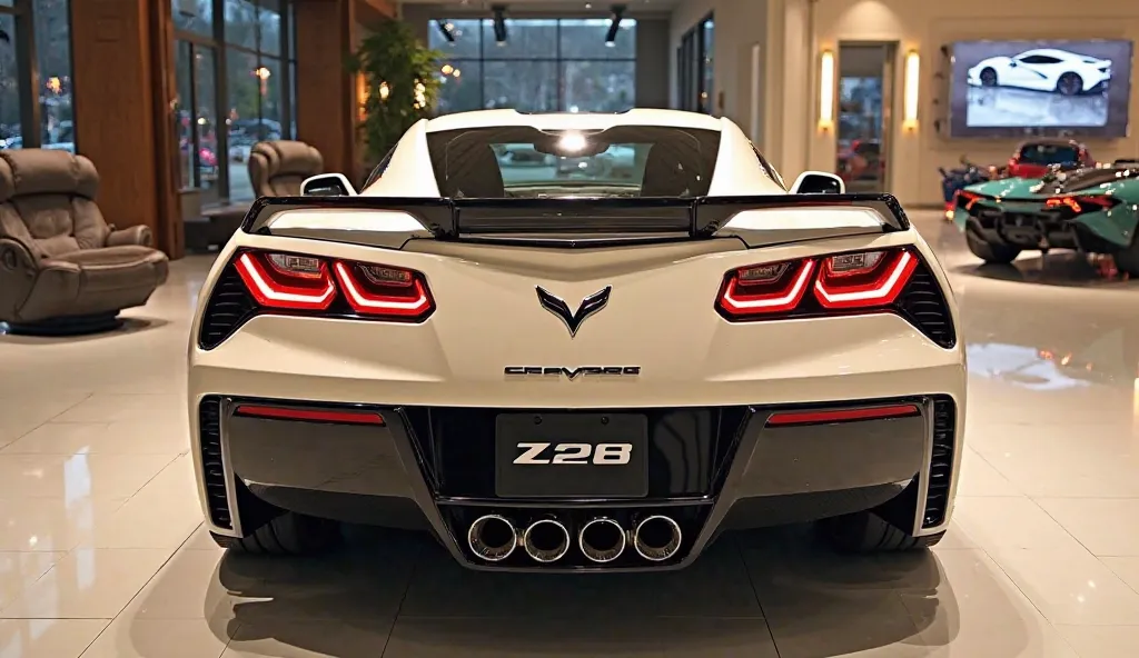 "A high-quality, ultra-realistic image of a cream coupe with bold cream accents, parked inside a modern, luxurious showroom with large glass windows. The rear of the car features sleek, futuristic LED tail lights, an aggressive rear bumper with sporty red ...