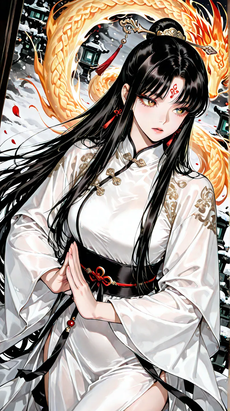 (masterpiece:1.3),(best quality:1.3),traditional Chinese ink painting style,1girl,imperial aura posture,jet black waist-length hair,(delicate phoenix eyes:1.2),pearl-like complexion,looking into distance,hanfu with golden embroidery,snow leopard fur capele...