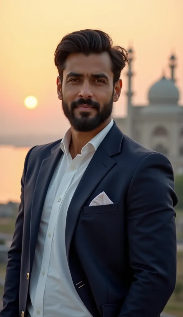 "A handsome 26-year-old Pakistani man with a well-groomed beard, deep brown eyes, and a confident yet warm expression. He has a sharp jawline, slightly tanned skin, and neatly styled black hair. Dressed in an elegant traditional shalwar kameez (white or na...