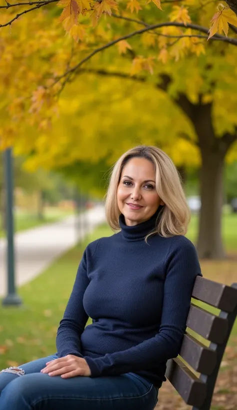 A 38-year-old woman sitting on a park bench under a maple tree, wearing a turtleneck.