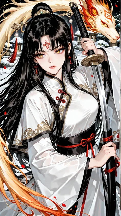 (masterpiece:1.3),(best quality:1.3),traditional Chinese ink painting style,1girl,imperial aura posture,jet black waist-length hair,(delicate phoenix eyes:1.2),pearl-like complexion,looking into distance,hanfu with golden embroidery,snow leopard fur capele...