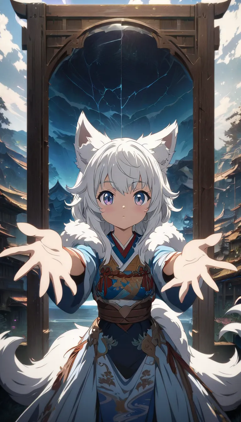 (masterpiece:1.2), (Highest quality:1.2), Ultra-high resolution, Very detailed, Perfect lighting, Wolf Girl, White Hair, National costume, Otherworldly fantasy, Fluffy tail,cute, Reaching out to the viewer, from the front, Cracked screen,Digital anime art,...