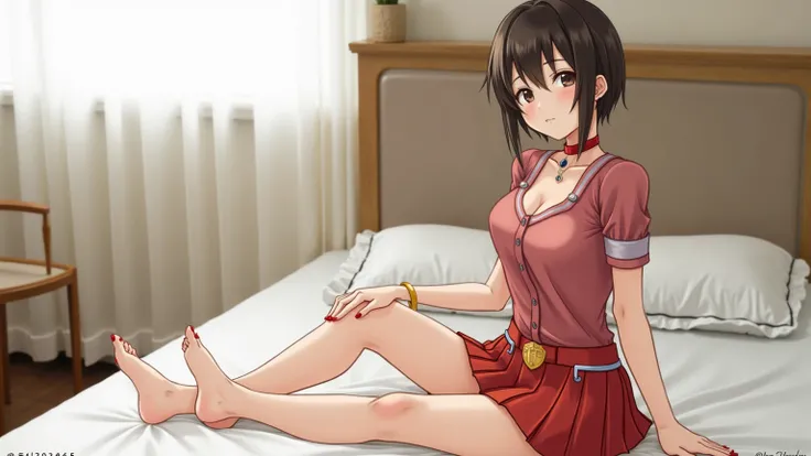 ​Supergirl, Japan, 22 year old, masterpiece、Short-haired Supergirl sitting on bed showing off the soles of her feet to the camera、Looking at the camera、a choker、bare-legged、Cheerful pose、a miniskirt、Enamel costume、、