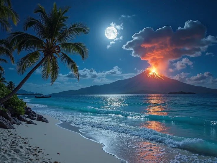 Masterpiece, Award Winning, Quality, UHD, Create a visually stunning masterpiece depicting a serene private island beach at night where clear waters shimmer under the moon. Soft waves gently caress the shore while a distant volcano violently erupting into ...