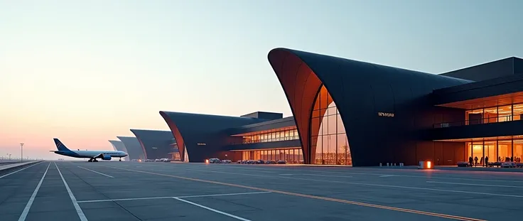 (photorealism:1.2), exterior aerial view of an advanced large international airport, marvelous architecture, lots of glass, clean massive darker neo-modern aesthetic, a touch of neon orange, there is dark grey, advanced technology, multi-story, dystopian, ...