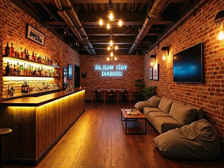 A stylish underground lounge with an industrial-cozy aesthetic. The room is 15 feet long, 6 feet wide, and 10 feet high, featuring exposed brick walls illuminated by warm neon and LED strip lights. A sleek bar with wooden shelves, soft yellow backlighting,...