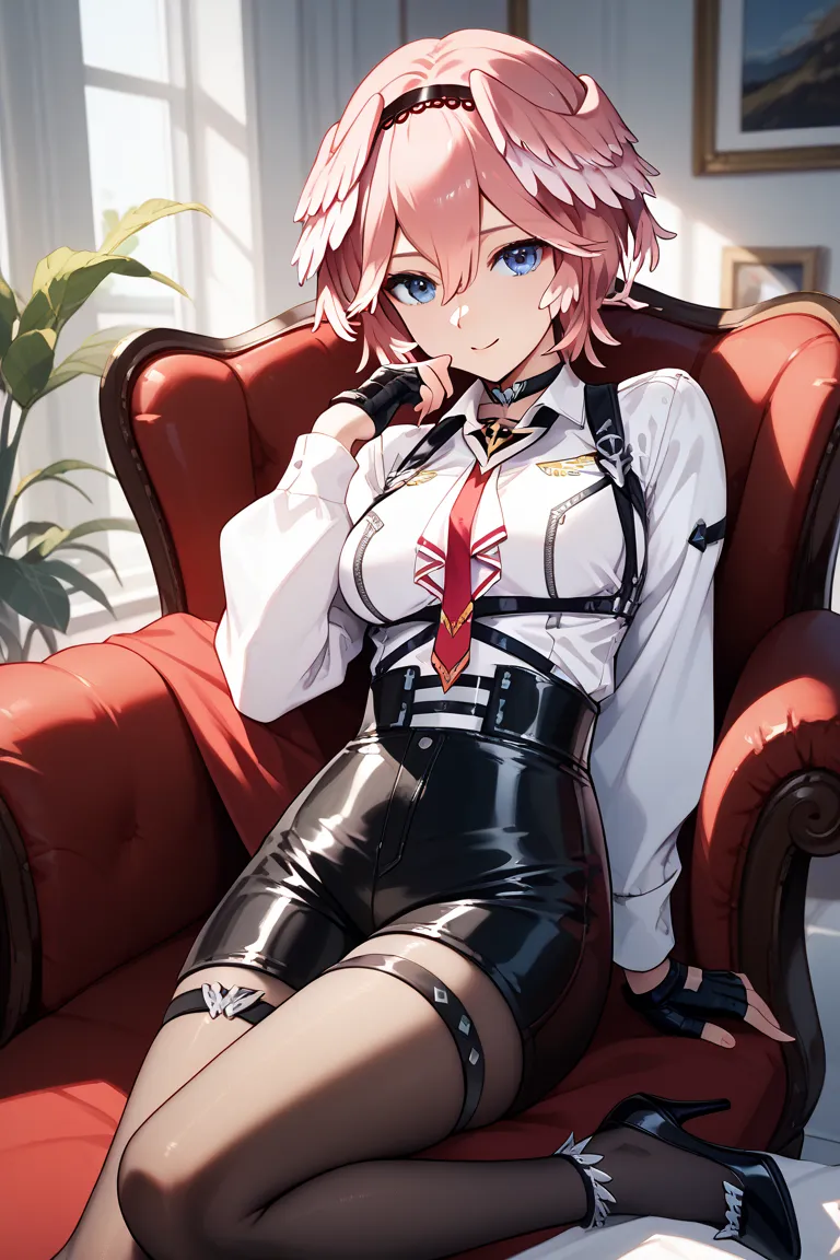 luiFirst, pink hair, short hair, parted hair, double-parted bangs, hair between eyes, black hairband, blue eyes, hair wings, black choker, white shirt, chest harness, breast zipper, red necktie, white ascot, long sleeves, white shirt, black gloves, partial...