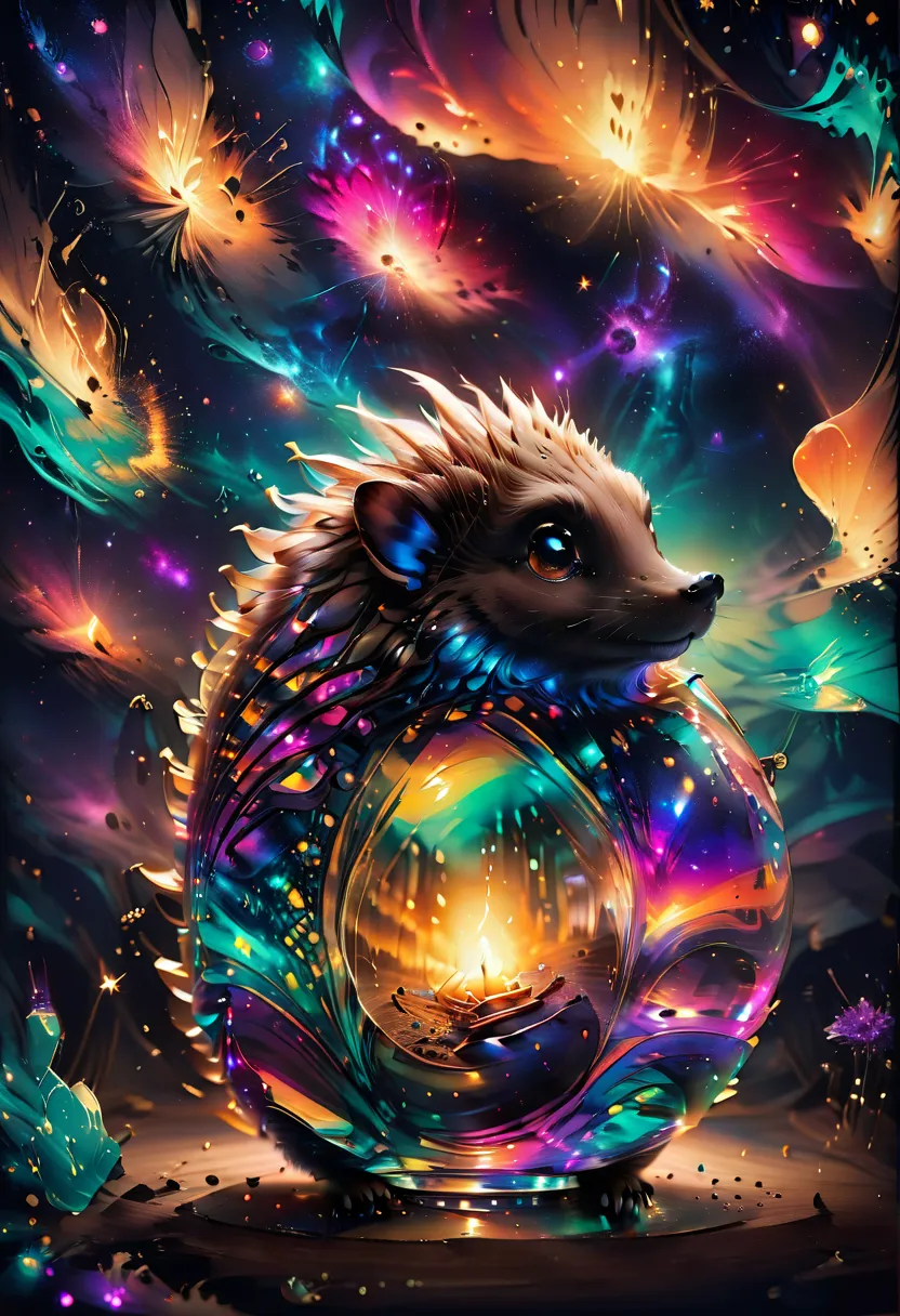 Open Window, Fantastic landscape, open book, galaxy, small candle in glass bottle, tiny hedgehog facing galaxy, back to viewer, brown quills,  liminal, Natural Light, ColorART