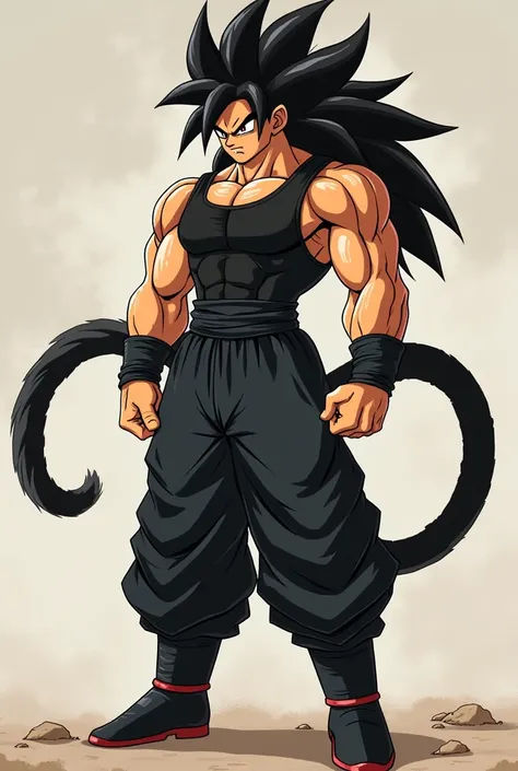 A Saiyan who has a large well-built physique, ruby red eyes, long black spiky hair with a ponytail, is 8.3 ft tall, honey tan skin, a long black monkey tail, wears black baggy sweatpants, black boots and a tight black tank top. His powers are god-like stre...