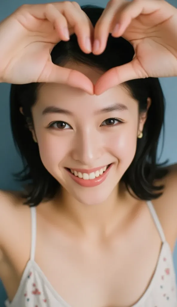 She wears a camisole, makes a heart shape with both hands, and poses in front of her chest, Close-up shot of winking and smiling