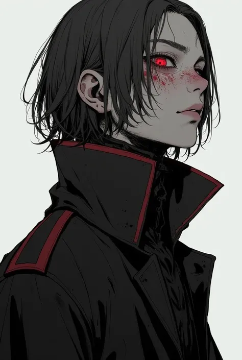 man, He has dark hair, very black and a bit messy and a bit large in size, he wears a black and red overcoat, All his clothes and manner the character is cool, He looks sick (black soot under the eyes and on the neck and red spots on the face,He has dark p...