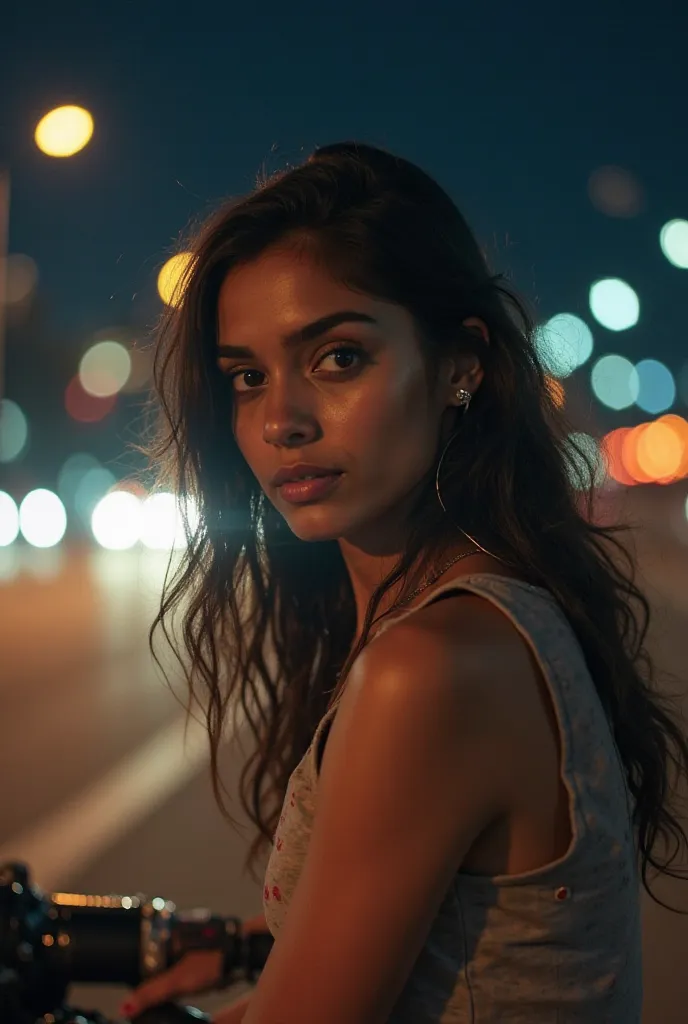 Location: Midnight highway, city lights blurred.

Character: indian Girl sitting on the back of a superbike, holding onto the rider, looking over her shoulder.

Camera: Tracking shot from the side → zoom-in on her intense gaze.

VFX: Motion blur, light tra...