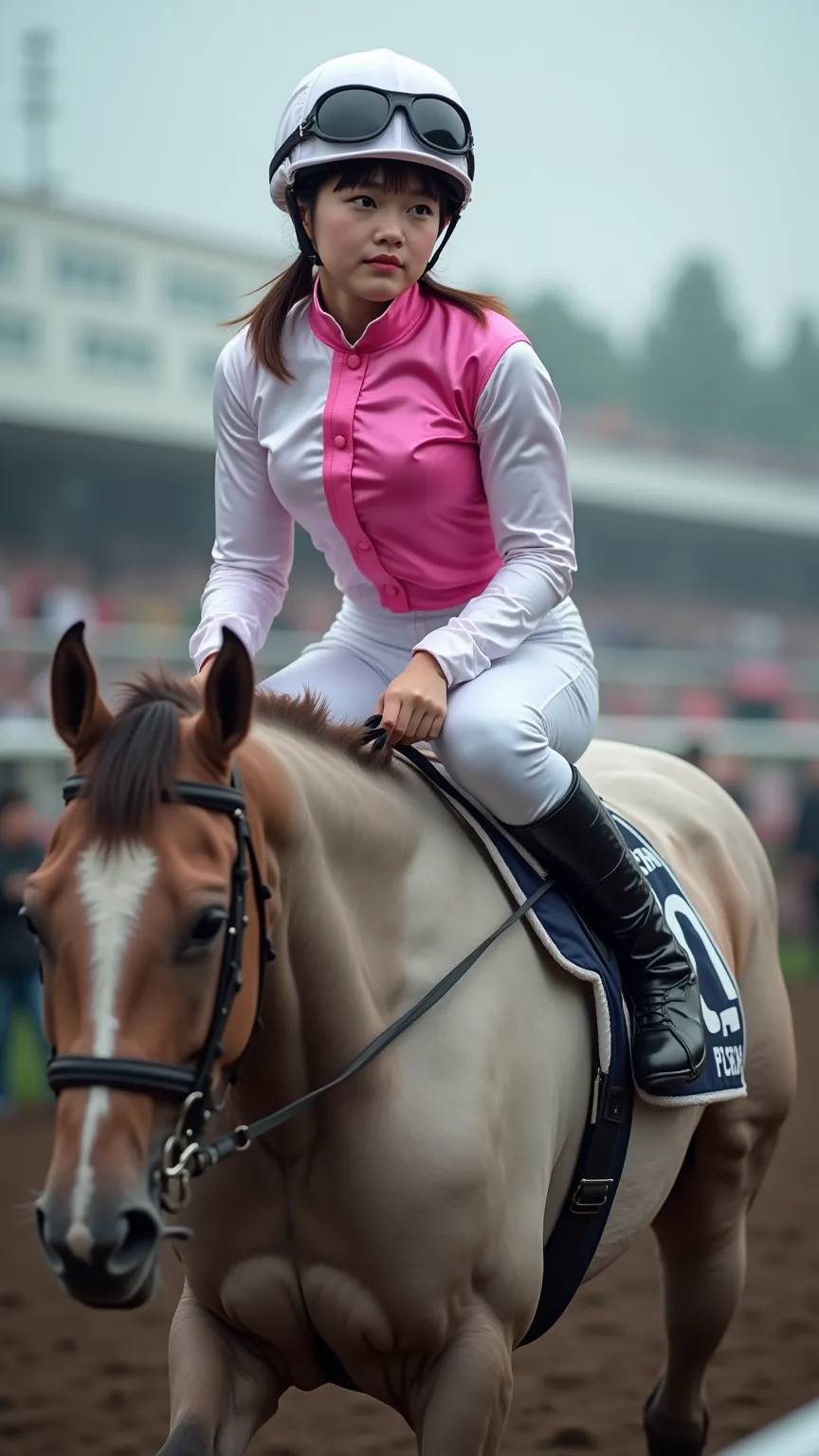 full body,(Hot Horse Race),An 18-year-old Japanese woman riding a racehorse by sticking out her butt and leaning forward,japanese,Korean style beauty,Young face,Small face,Transparency, pure white skin,gray eyes,cute,idol,Idol,portrait, model,half twin tai...