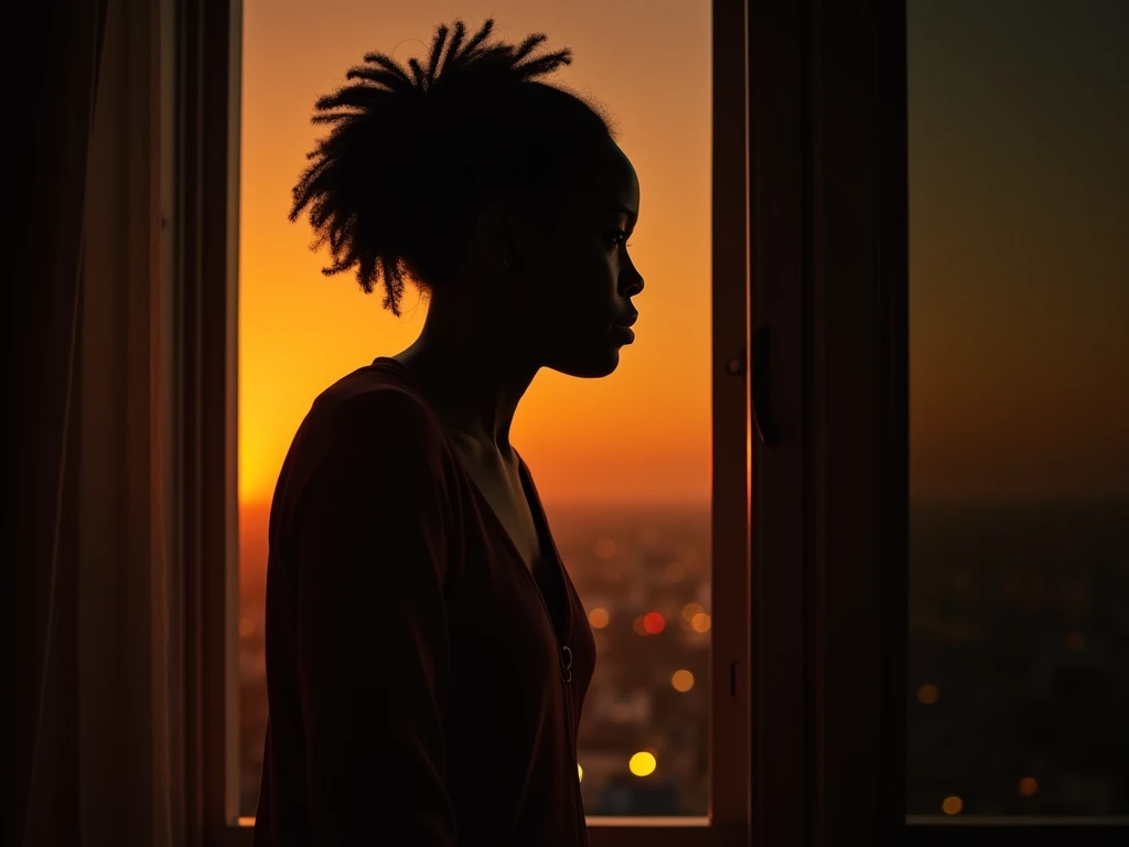 A Nigerian woman stepping away from her window, her face a mix of determination and apprehension. The warm glow of city lights illuminates her figure, creating a sense of anticipation and tension, cinematic mood, hyper-realistic, 8K resolution."

