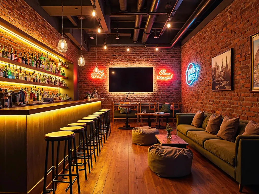 A stylish underground lounge with a cozy-industrial aesthetic. The room is 15 feet long, 6 feet wide, and 10 feet high, featuring exposed brick walls illuminated by warm neon and LED strip lights. On one side, a sleek bar with wooden shelves, soft yellow b...