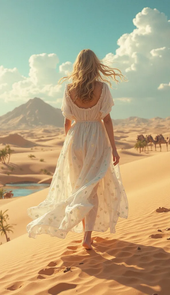 Imagine a girl, walking across the warm desert sand in a light white dress, melody that flows behind her, like a cloud.  her hair flutters in the wind , and the mood is filled with the expectation of new discoveries. Она уверенно шагает к красивому oasisу,...