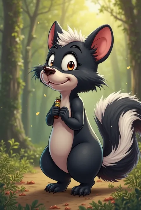  cartoon style. Skunk-девочка с девчачьими глазами, curvy bangs and big booty. large rounded buttocks . turned backwards. Skunk.  turns around. A frightened look at the ass. Bottle stopper between buttocks. in the background of the forest.