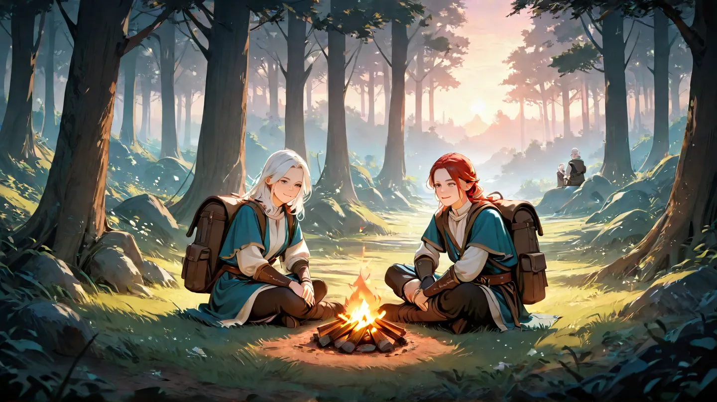  huge _very high resolution, high resolution, 걸작, recent, 1 female, long hair, white hair, light smile, medieval adventurer outfit, 1 man, short hair,  red hair,  soft_light,  blurry , sit on the floor, sunset, Mystic Glade, Backpack, Small campfire, Panor...