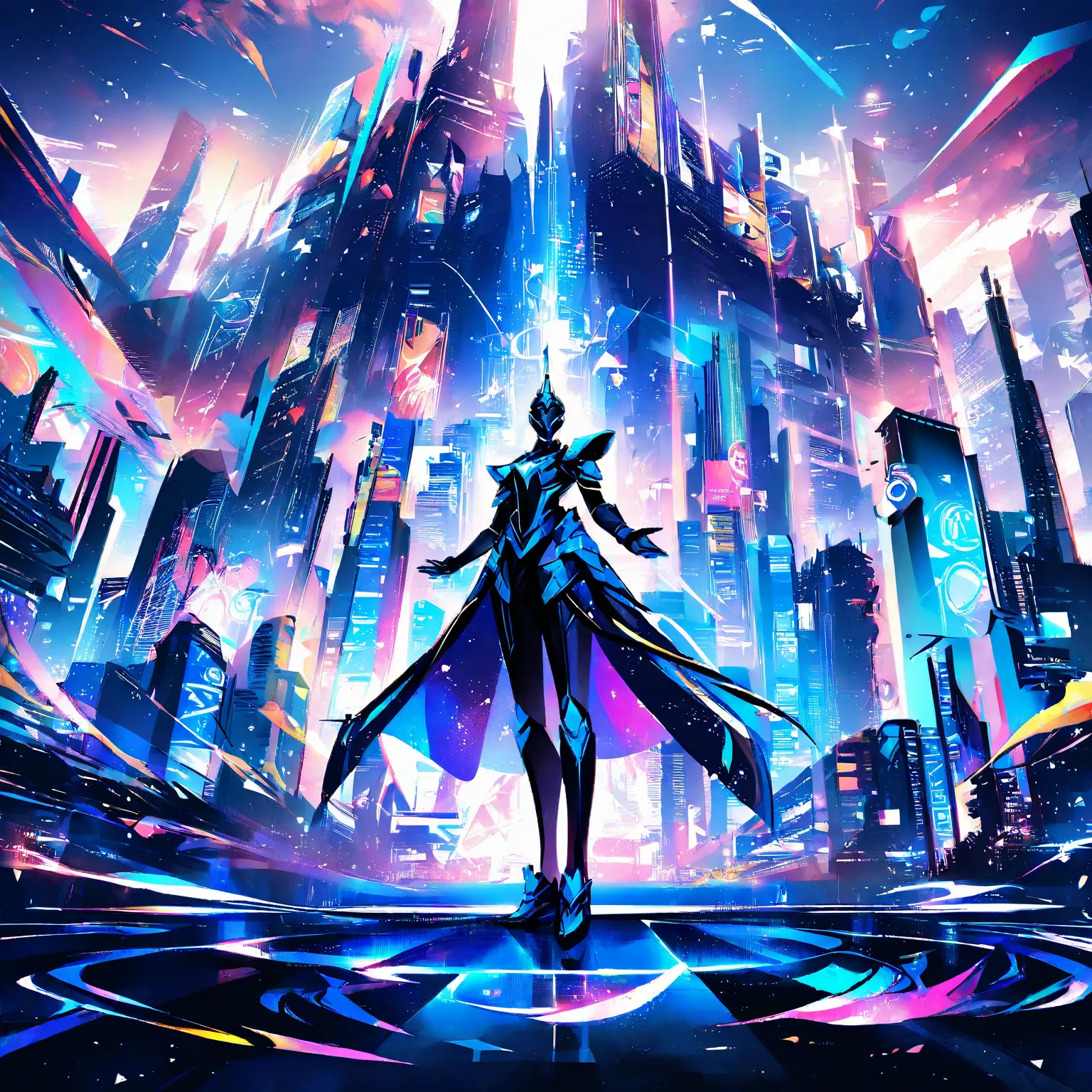 high resolution, Ambient dark city, near angle,  Tokusatsu, blue armor, Pose authority, anime atmosphere , fantasy style, digital painting, dramatic lighting, vivid colors