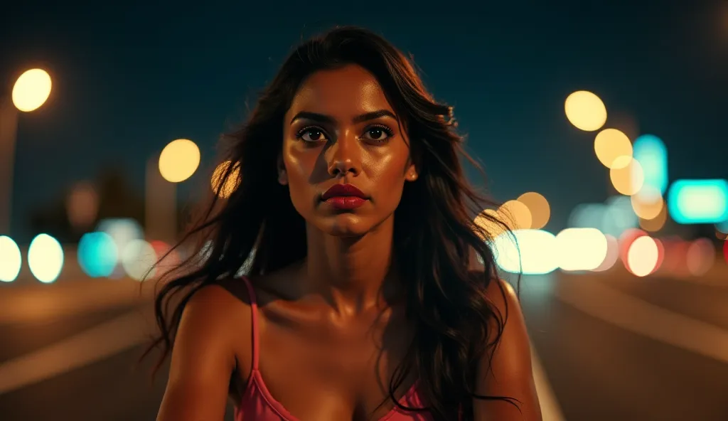 Location: Midnight highway, city lights blurred.

Character: indian Girl sitting on the back of a superbike, holding onto the rider, looking over her shoulder.

Camera: Tracking shot from the side → zoom-in on her intense gaze.

VFX: Motion blur, light tra...