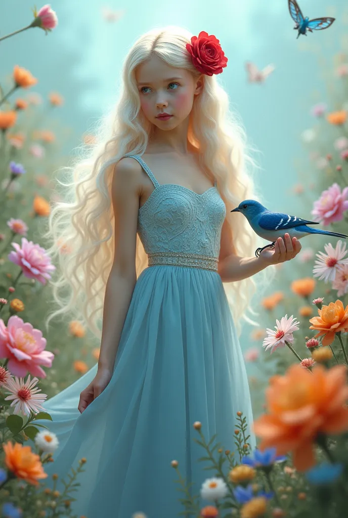 "A photorealistic, surreal, and award-winning portrait of a young, beautiful girl with long, flowing platinum blonde hair adorned with a single red rose, wearing an elegant, flowing light blue dress with intricate lace details, standing gracefully amidst a...