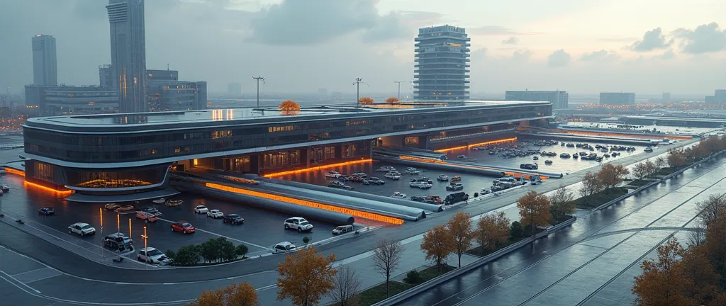 (photorealism:1.2), exterior aerial view of an advanced large international airport, marvelous architecture, lots of glass, massive darker neo-modern aesthetic, a touch of neon orange, there is dark grey, advanced technology, multi-story, adamantite stone ...