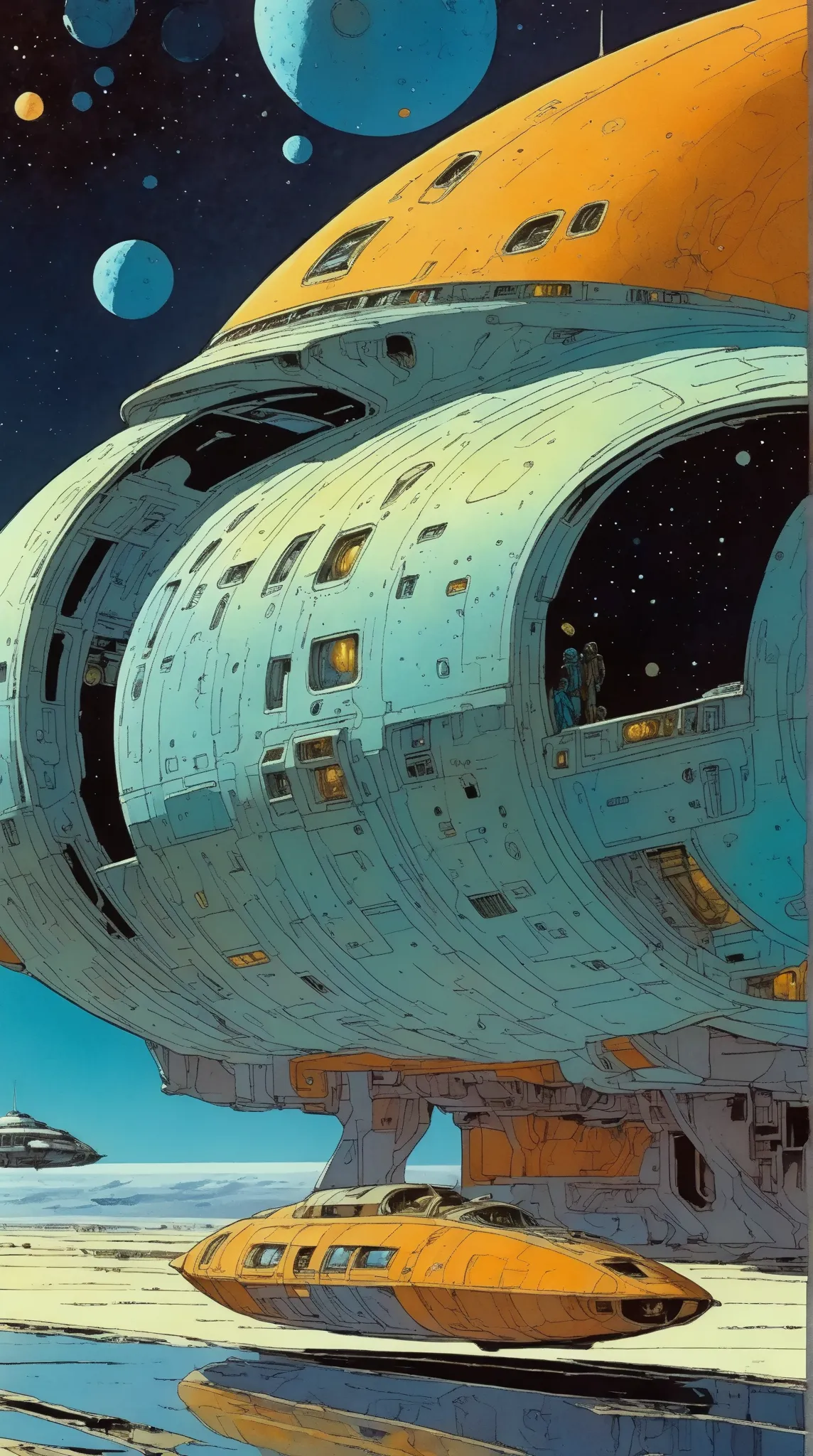 Moebius (Jean Giraud) Style - A picture by Jean Giraud Moebius, Spaceship in deep sky, Science fiction illustrations, Retro-future. Sci-fi illustrations , Impressive retro-future Spaceship, galaxy, Distant nebulas, in Moebius' signature style with sharp de...