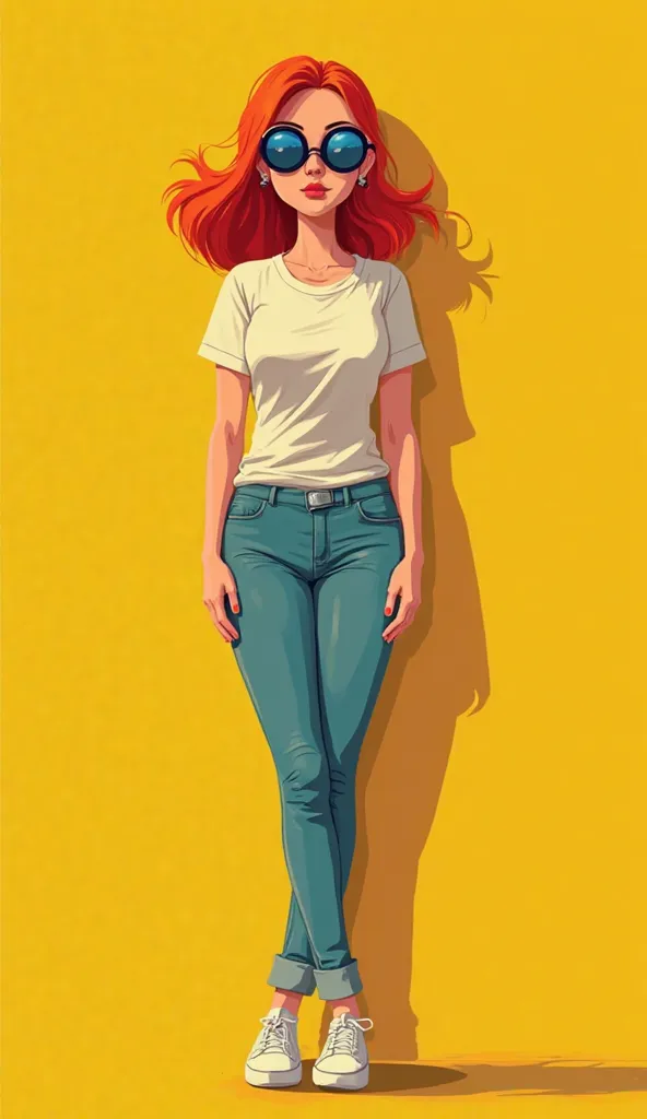 Full-length flat female figure, illustrated by Jeron Allart
Bright yellow background
Rounded blue glasses. The red shadow. High detail and complexity of the illustration. Cinematography. Pixel processing of the image. The viewing angle from the side and bo...