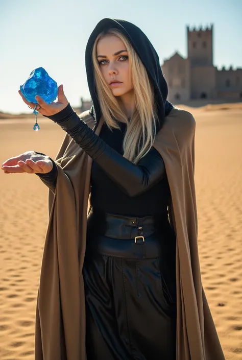 1female, score_9, pale skin, blonde hair, witch, black leather suit, tan trousers, tan cloak with hood, blue crystal flying over her arm, desert, desert castle on the background