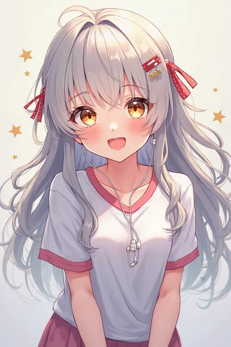 girl smiling anime style,long hair, bangs,  standing picture, ribbonsヘアアクセサリー, ribbons, Earphones, glitter effect,  jerseys,Full body painting gray hair, medium hair, 分け目のあるbangs, 斜めbangs,  natural perm, with golden eyes, 